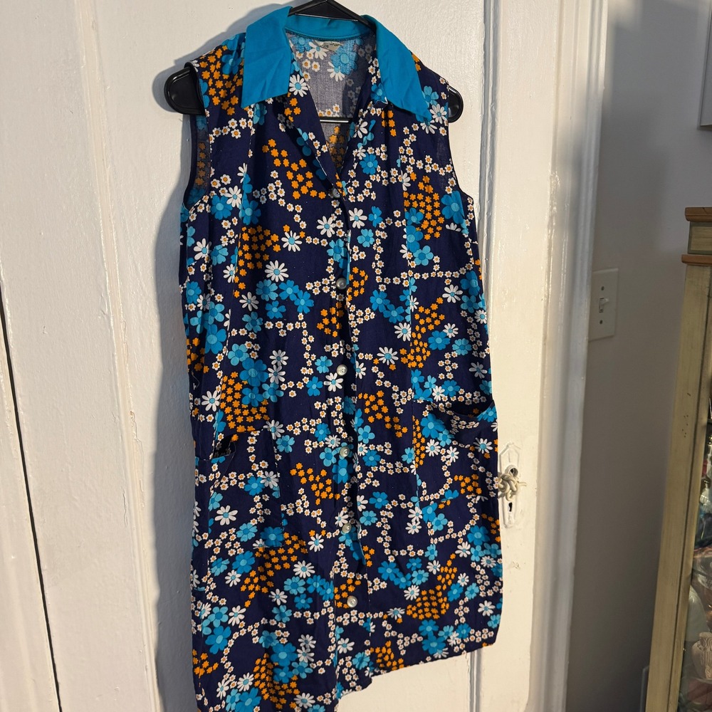 True Vintage 70s Floral Whimsical Dress Cotton Blue Psychedelic Sz M Rainbow‎ - Picture 4 of 10